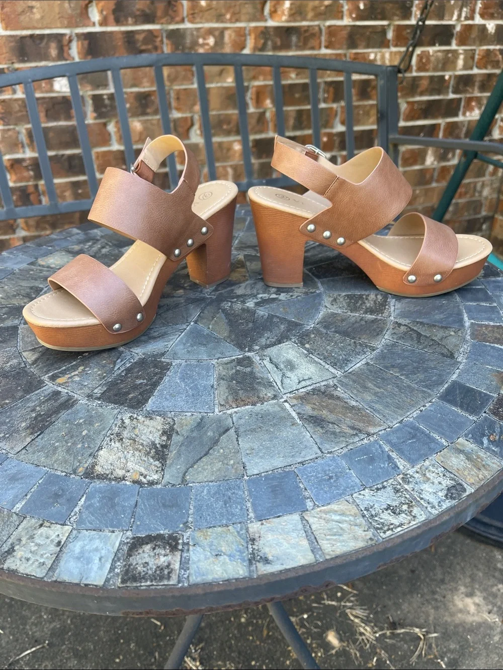 Versona Tan Brown Platform Studded Strap Sandals